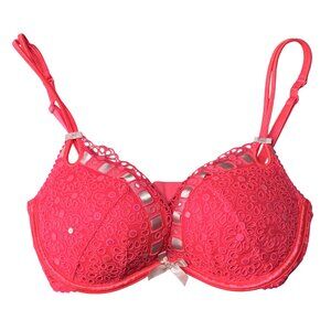 Victoria’s Secret Coral Floral Embroidered Sequin Push Up Bra 32D Bows Neon Pink